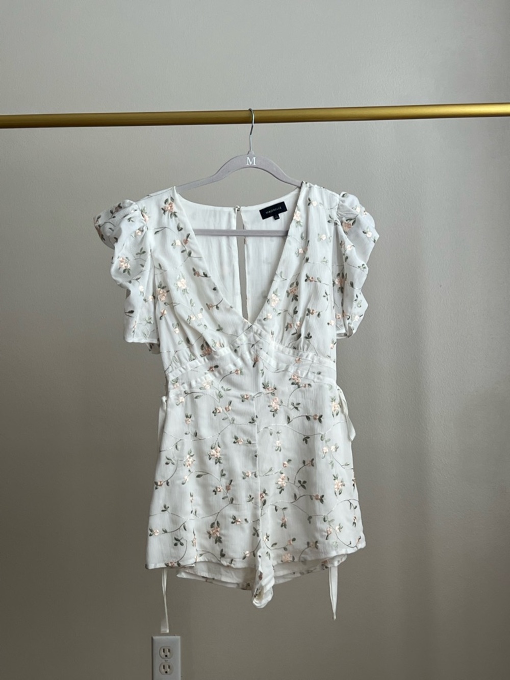 MAJORELLE from Revolve Cream Romper with Pink Floral Embroidery